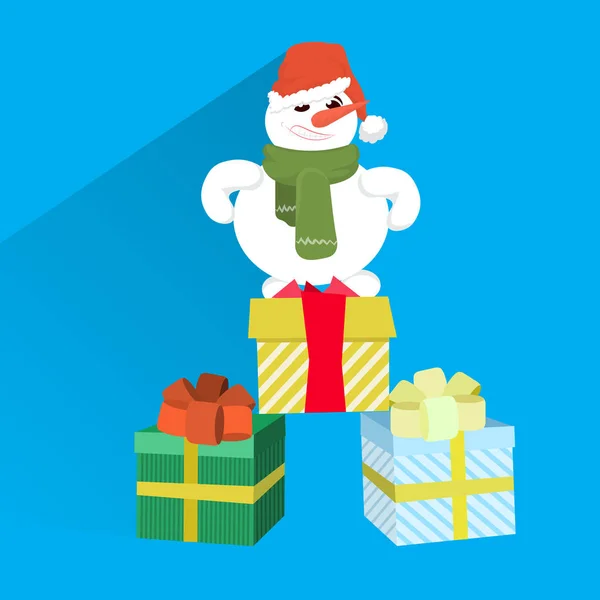 Neşeli mutlu yeni yıl Noel tatil kavramı düz kırmızı şapka ayakta sarılmış hediye kutusu mevcut giyen kardan adam yığını — Stok Vektör