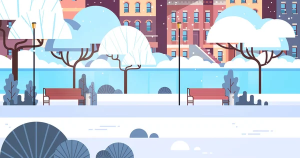 Város téli park fapadon vészvilágító lámpatest utcai ház épület városkép háttér vidám karácsonyi boldog új évet koncepció sík és vízszintes — Stock Vector