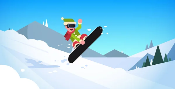 Green elf doing jump on snowboard happy new year merry christmas celebration concept flat snow mountains slopes horizontal — Stock Vector