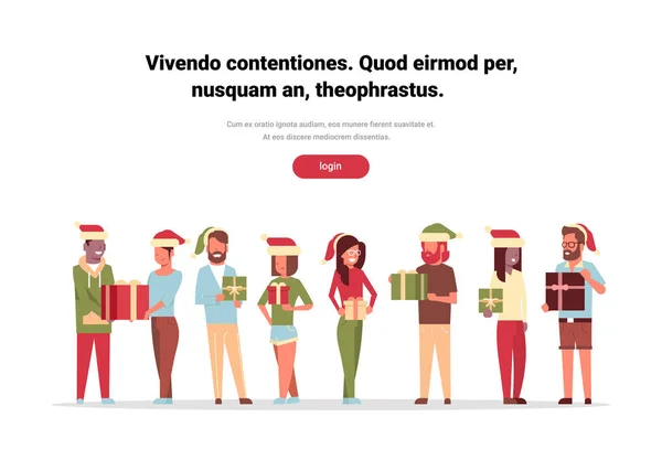 Misturar raça pessoas grupo de pé juntos segurando caixa de presente presente feliz Natal feliz ano novo conceito plano isolado espaço de cópia horizontal —  Vetores de Stock