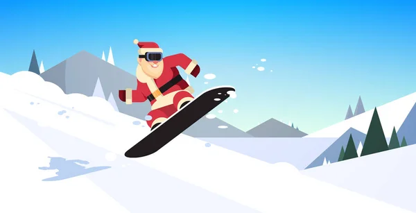 Santa claus fazendo salto no snowboard feliz ano novo feliz festa de Natal conceito planas montanhas de neve encostas horizontais — Vetor de Stock