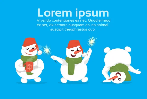 Bonhommes de neige heureux poses différentes porter chapeau rouge tenir scintillant joyeux noël heureux nouvelle année vacances concept plat horizontal copie espace — Image vectorielle