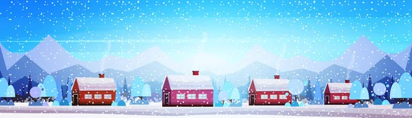 Casas da aldeia inverno abeto floresta neve floresta floresta montanha paisagem feliz natal feliz ano novo conceito cartão postal plano horizontal banner — Vetor de Stock