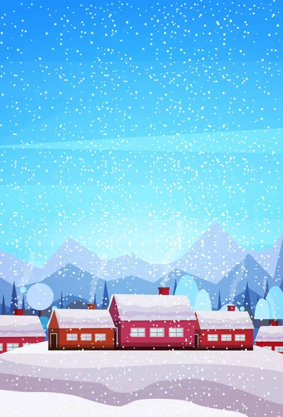Pueblo casas abeto invierno bosque nevadas bosque montaña paisaje feliz navidad feliz año nuevo concepto tarjeta de felicitación plana vertical — Vector de stock