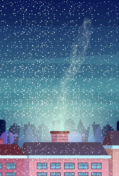 Καμινάδα χειμερινή νύχτα πόλη κτίριο στεγάζει cityscape φόντο χαρούμενα Χριστούγεννα ευτυχισμένο το νέο έτος έννοια κάθετη επίπεδη επίπεδη — Διανυσματικό Αρχείο