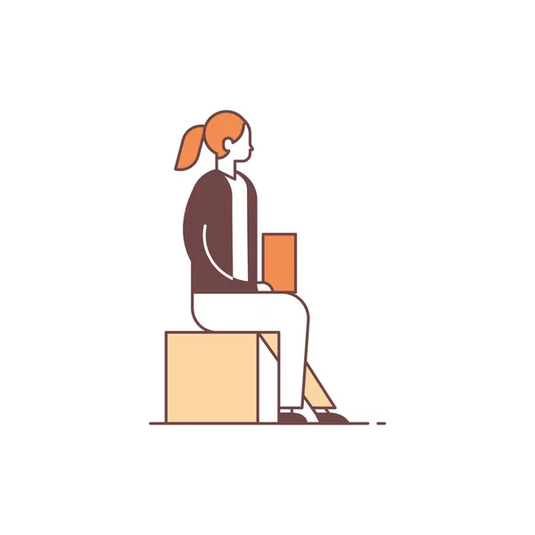 Kobieta siedzi poza za pomocą laptopa firmy kobieta office pracownik kobiece kreskówka znaków pełnej długości linii — Wektor stockowy