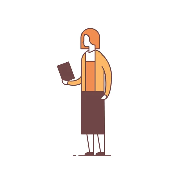Business woman hold paper folder business woman office worker female cartoon character full length line — Vector de stock