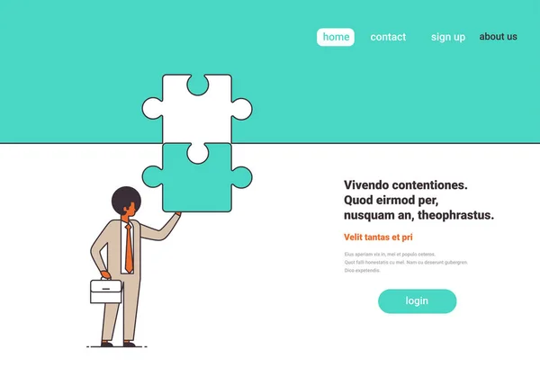 퍼즐 문제 솔루션 개념 남성 만화 캐릭터 전체 길이 가로 복사 공간 부분을 퍼 팅 하는 사업 — 스톡 벡터