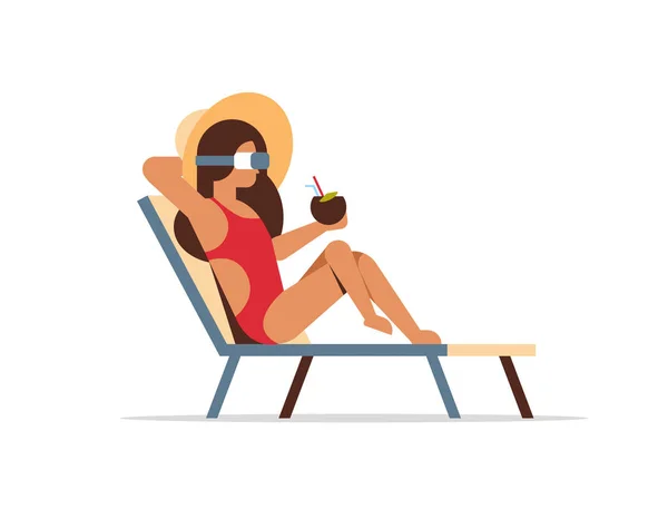 Jeune femme bikini sur chaise longue portant vr lunettes tenant coco cocktail vacances d'été concept appartement isolé — Image vectorielle