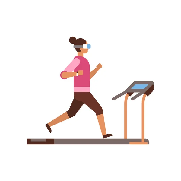 Sport vrouw slijtage vr bril draait op loopband meisje cardio training concept fitness dame training simulator geïsoleerd plat — Stockvector