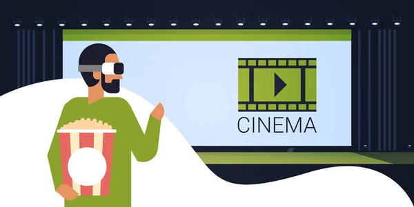 Man met popcorn mand dragen vr bril kijken naar film in de bioscoop virtuele realiteit begrip vlak en horizontaal — Stockvector