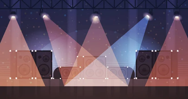 Escenario libre con efectos de luz discoteca estudio de baile rayos láser equipo musical multimedia altavoz plano horizontal — Vector de stock