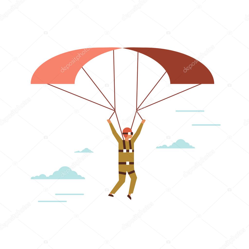 man wearing vr glasses flying parachute guy in virtual reality headset paragliding concept line male cartoon character full length isolated