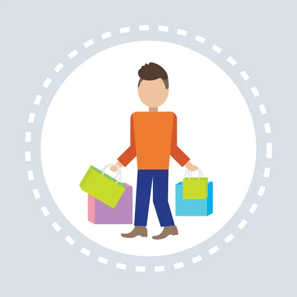 Hombre mantenga paquetes coloridos bolsas de papel icono de compras concepto vector plano ilustración — Vector de stock