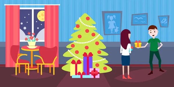 Чоловік тримає подарункову коробку подарунок жінці щасливий новий рік веселий різдвяний святковий концепт прикрашений ялинкою інтер'єр вітальні горизонтальний — стоковий вектор
