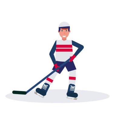 hedef izole kavramı erkek çizgi film karakteri tam uzunlukta düz kutluyor pateni sopa holding neşeli buz hokeyi oyuncusu