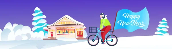 Mulher ciclismo com alegre Natal bandeira feriados celebração conceito abeto inverno neve coberto casa de campo fundo plano horizontal banner — Vetor de Stock