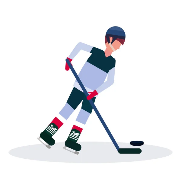 Professional ice hockey player holding stick skating with pack male cartoon character full length flat isolated — Stock Vector