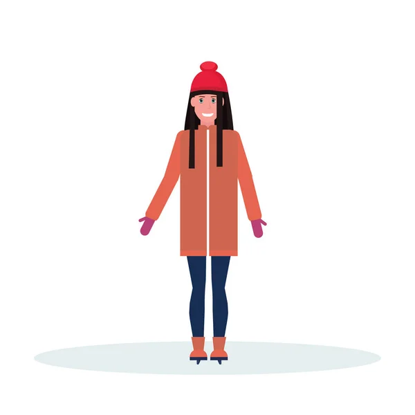 Femme patineuse portant des vêtements d'hiver fille patinage personnage de dessin animé femme pleine longueur plat isolé — Image vectorielle