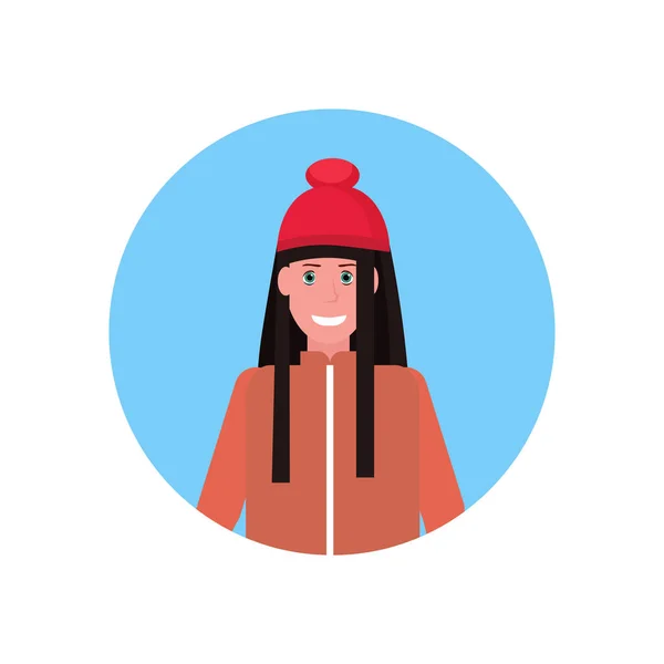 Женщина лицо аватар счастливая девушка в зимней одежде женский мультфильм персонаж портрет плоский изолированный — стоковый вектор