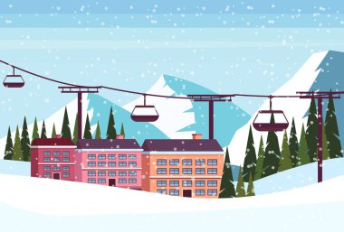 Ski resort otel binalar teleferik telesiyej kış karlı dağlar köknar ağacı manzara düz tatil poster yatay evler