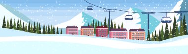 Ski resort otel binalar teleferik telesiyej kış karlı dağlar köknar ağacı manzara düz tatil poster yatay banner evler