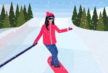 selfie fotoğraf karlı dağ tepe köknar ağacı manzara kadın kış tatil kavramı snowboard düz yatay alarak kayan kızın snowboard