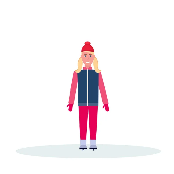 Vrouw skater dragen winter kleding meisje schaatsen vrouwelijke cartoon karakter volle lengte plat geïsoleerd — Stockvector