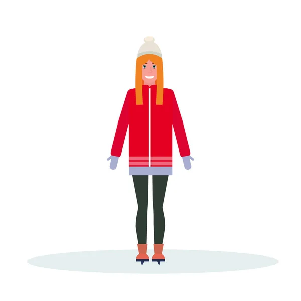 Femme patineuse portant des vêtements d'hiver fille patinage personnage de dessin animé femme pleine longueur plat isolé — Image vectorielle