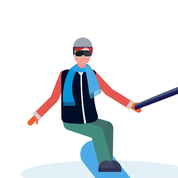 Homme snowboarder prendre selfie par action caméra hiver vacances activités concept mâle dessin animé personnage pleine longueur isolé plat — Image vectorielle