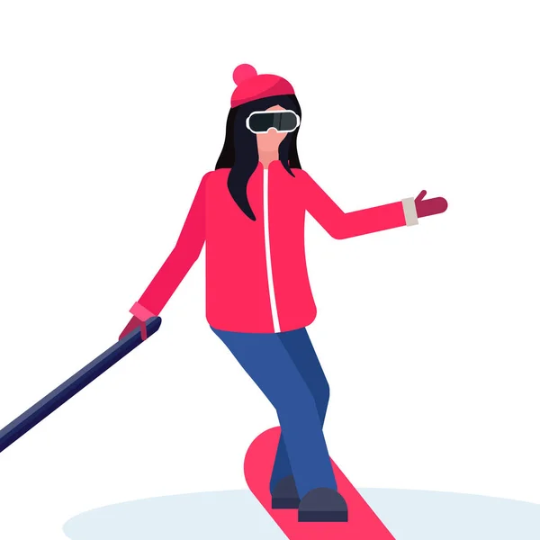 Γυναίκα snowboarder λαμβάνοντας αυτοπορτρέτα με δράσης κάμερα χειμώνα διακοπές δραστηριοτήτων έννοια θηλυκό καρτούν χαρακτήρα πλήρους μήκους απομονωμένη επίπεδη — Διανυσματικό Αρχείο