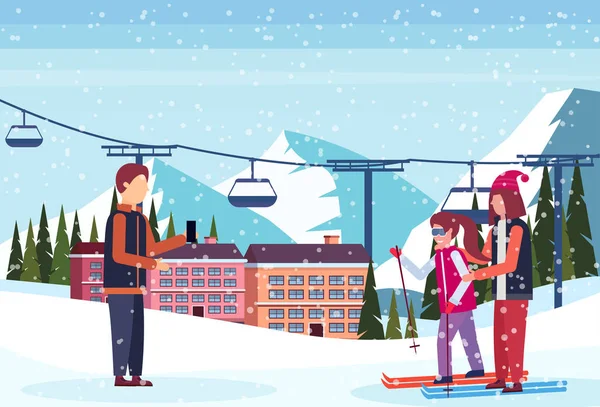 Homme prenant des photos skieurs couple domaine de ski hôtel maisons bâtiments téléphérique télésiège neige montagne sapin paysage hiver vacances appartement horizontal — Image vectorielle