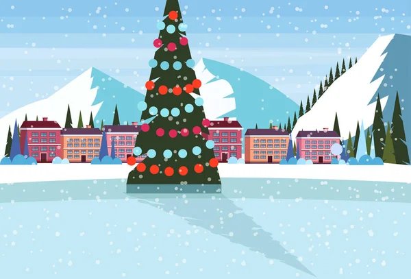 Pista de patinaje sobre hielo decorado árbol de navidad estación de esquí hotel casas edificios montañas nevadas paisaje fondo plano invierno vacaciones cartel horizontal — Vector de stock