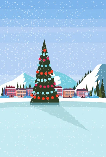 Patinoire décorée sapin de Noël domaine de ski hôtel maisons bâtiments neige montagnes paysage fond plat hiver vacances affiche verticale — Image vectorielle