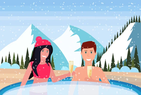 Couple man woman hold champagne relax in outdoor swimming pool snowy mountains fir tree landscape background new year celebration concept flat horizontal — Stock Vector