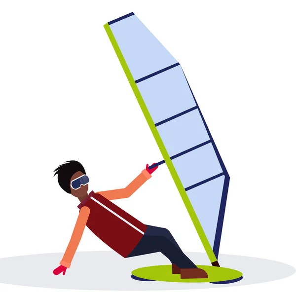 Mannen windboarder hålla seglet kille windboarding vindsurfing på snö concept extreme winter sport manliga tecknad karaktär full längd platta isolerade — Stock vektor