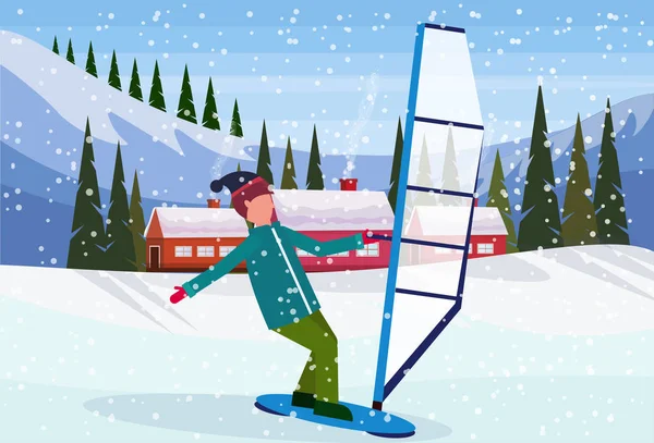 小さな村で雪の男 windboarding ウィンド サーフィン家冬雪山ヒルズ モミの木森林風景背景水平フラット — ストックベクタ