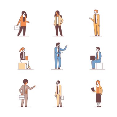 farklı office işçi kavramı erkek kadın çizgi film karakteri tam uzunlukta koleksiyonu hat izole iş adamları ayarla