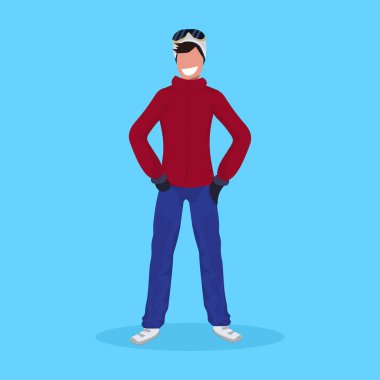 mutlu bir adam ayakta poz adam kış tatil etkinlik kavramı erkek çizgi film karakteri tam uzunlukta düz