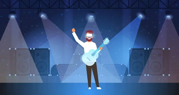 Homem guitarrista de música usar óculos digitais tocando guitarra realidade virtual no palco efeitos de luz disco dança estúdio vr visão headset inovação conceito plana horizontal —  Vetores de Stock