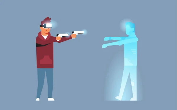 Pria memakai kacamata digital memegang pistol menembak realitas maya zombie vr visi headset inovasi konsep konsol permainan video horizontal datar - Stok Vektor