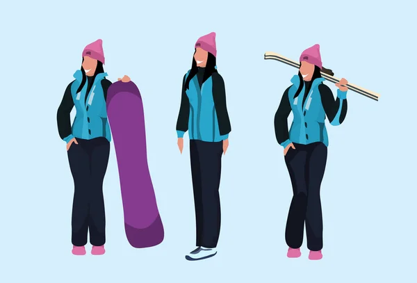 Femmes skieur snowboarder tenant équipement heureux filles portant costume de ski vacances d'hiver concept d'activité femme personnage de bande dessinée pleine longueur plat horizontal — Image vectorielle