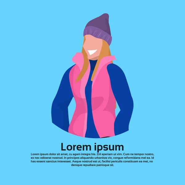 Mujer feliz vistiendo ropa de invierno personaje de dibujos animados femenino retrato espacio de copia plana — Vector de stock