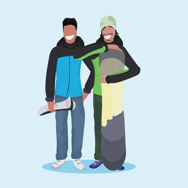 Чоловіки лижник сноубордист тримає обладнання щасливих хлопців концепція зимової відпустки чоловічий мультиплікаційний персонаж повна довжина квартири — стоковий вектор