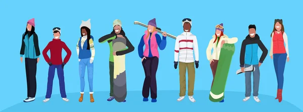 Mix yarış kayakçı snowboard ekipman mutlu insanlar kış giysileri tatil etkinlik kavramı erkek kadın karikatür karakter tam uzunlukta düz yatay giyen tutarak — Stok Vektör