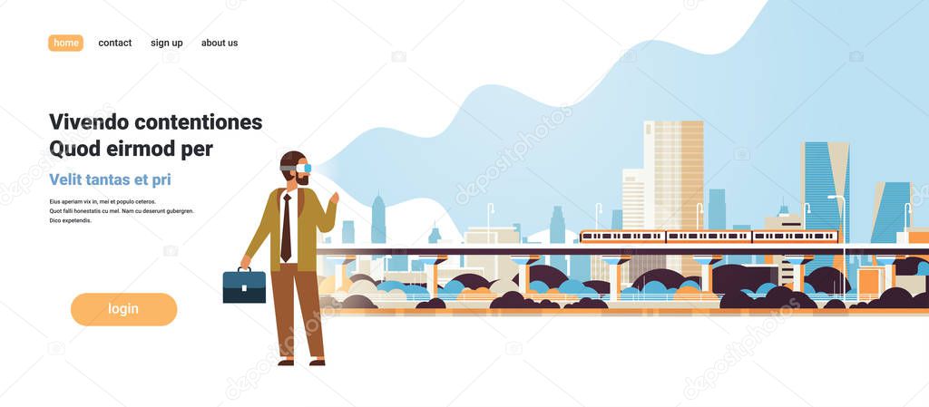 man wear digital glasses looking virtual reality modern city subway train skyscrapers cityscape background vr vision headset innovation concept flat horizontal