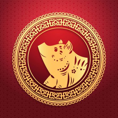 mutlu çene yeni yıl 2019 ay domuz Zodyak işareti kırmızı ve altın geleneksel çerçevesindeki tatil kutlama tebrik kartı düz renkler