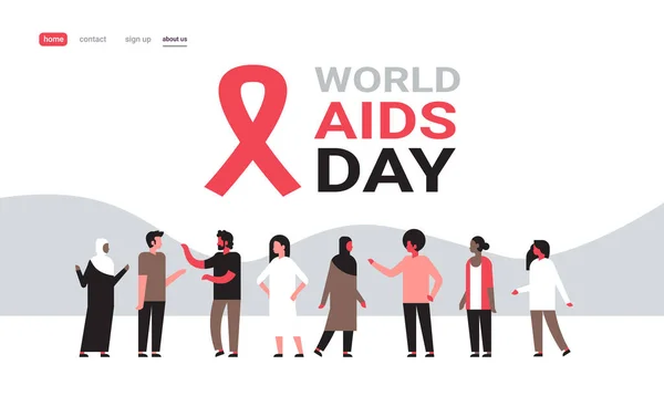 World Aids day medvetenhet rött band tecken blanda ras människor grupp meddelande medicinska förebyggande affisch horisontell platta — Stock vektor