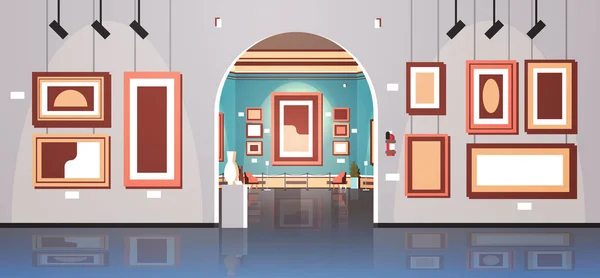 Galerie moderního umění v muzeu interiérové kreativní moderní malby díla nebo exponáty rovinnou a vodorovnou — Stockový vektor