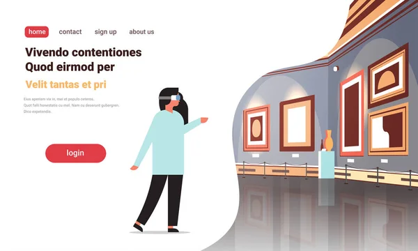 Vrouw dragen digitale glazen virtuele werkelijkheid kunst galerie museum interieur creatieve moderne schilderijen kunstwerken of vertoont vr headset technologie concept platte kopie ruimte — Stockvector
